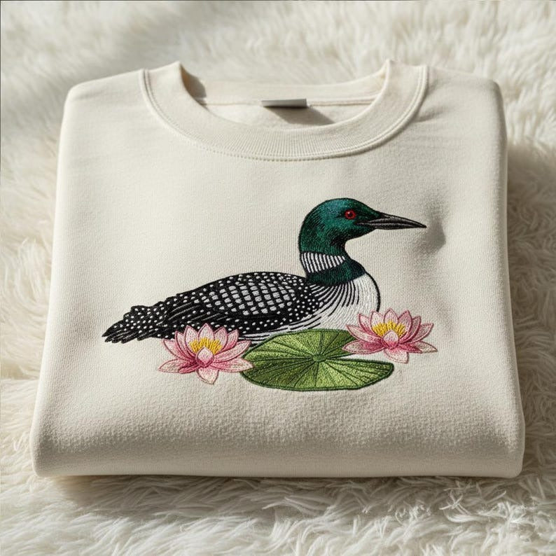Embroidered Loon Bird Floral Sweatshirt Nature Wildlife Design Lake Life Crewneck Bird Lover Gift Cabin Forest Style