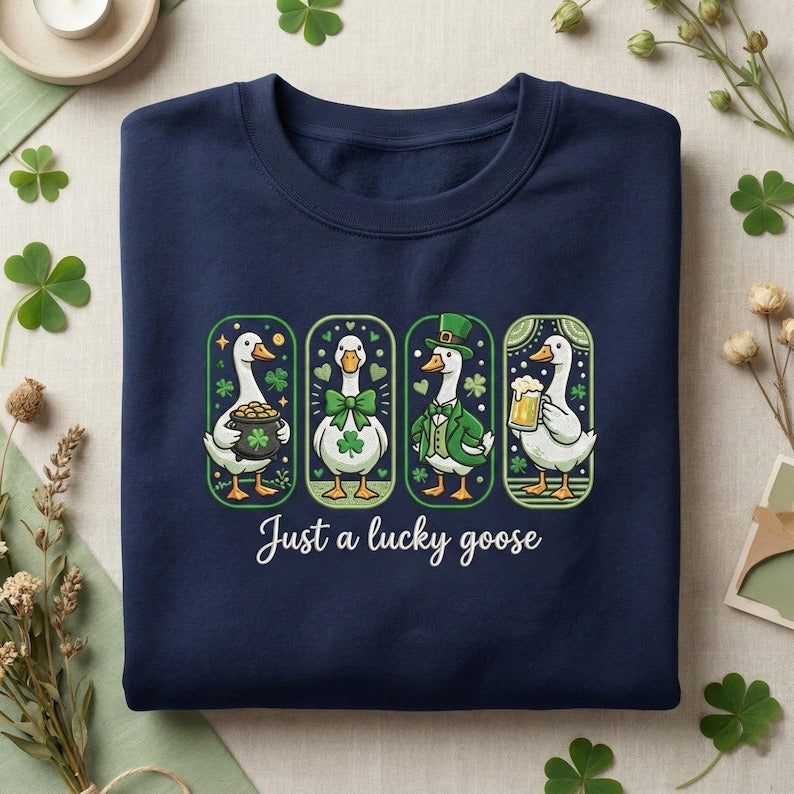 Embroidered Just A Lucky Goose Sweatshirt, St Patricks Day Bird Hoodie, Retro Irish Goose Shirt, Funny Shamrock Bird Gift, Luck Crewneck
