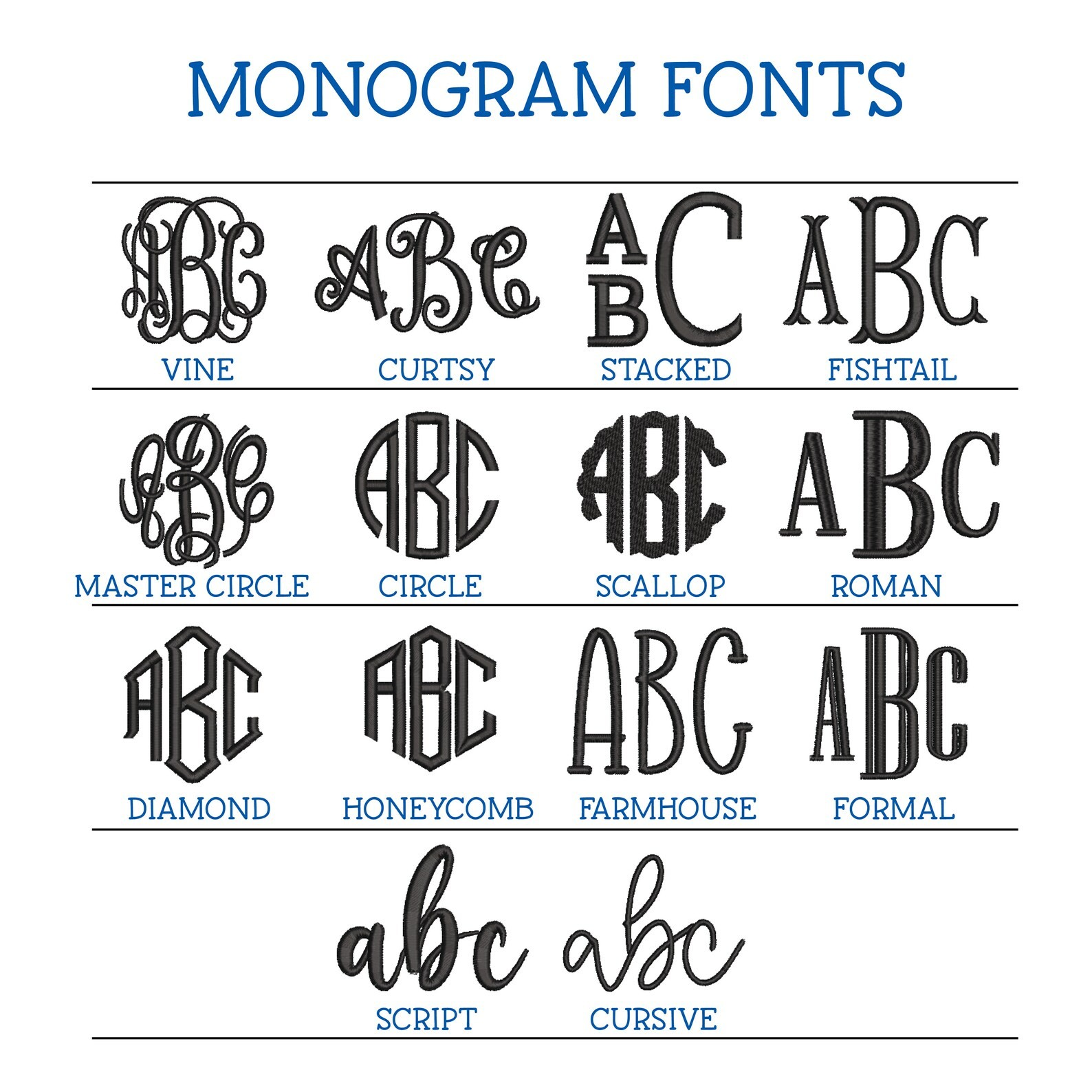 Collection of monogram fonts displayed on a white background